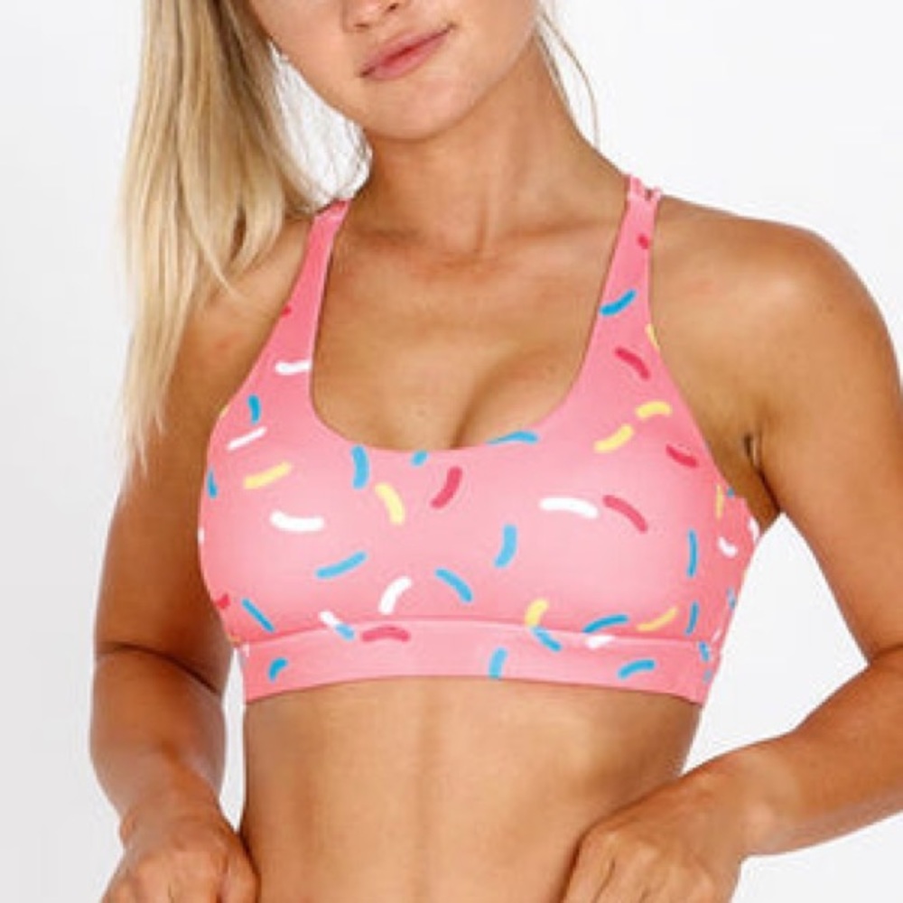 Feed Me Fight Me pink donut sprinkle sports bra